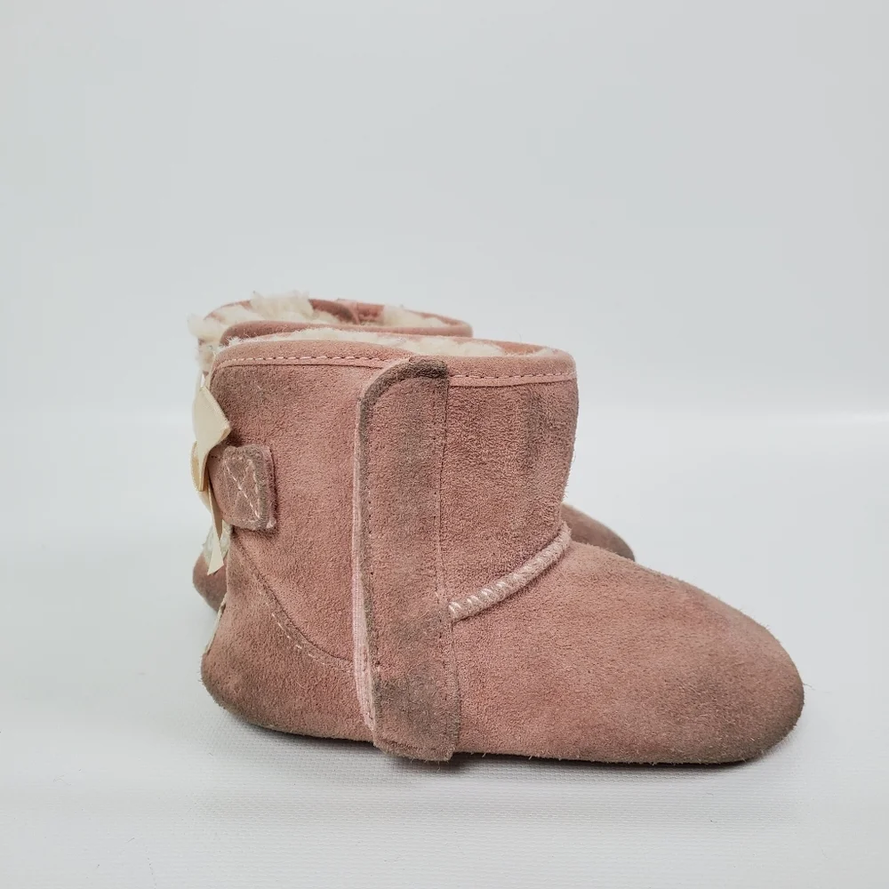 Ugg Baby Girl Bow Valcro Suede Sheep Sherling Boot Sz 4/5